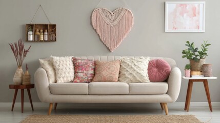 Neutral living room features a comfortable sofa with decorative pillows, heart wall decor, and houseplants on side tables