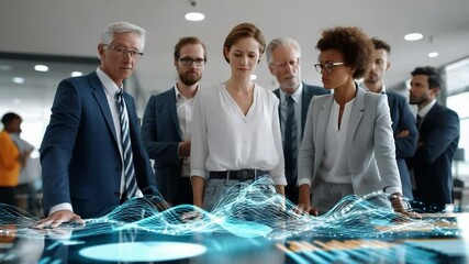 Collaborative Exploration: A team of diverse professionals leans over an interactive digital interface, absorbed in analyzing data and discussing strategies in a modern office setting.  - Powered by Adobe