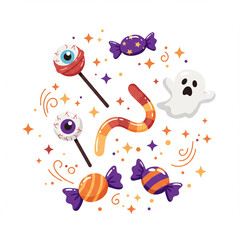 Colorful Halloween-themed sweets scattered on a clean white background, including candy corn, lollipops, wrapped candies, and spooky treats in fun shapes like ghosts and monsters, all in a playful fla