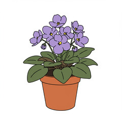 Vector illustration of a single blooming purple violet growing in a simple flower pot, placed on a clean white background. The image is minimalistic and soft, ideal for botanical themes or springtime 