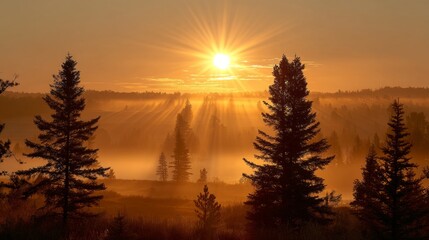 Serene Sunrise Over Misty Forest Landscape with Sunlight Rays Illuminating Tall Trees in Tranquil Nature Setting