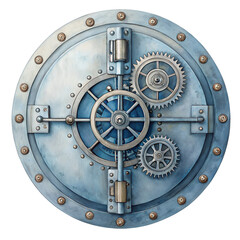 Obraz premium Watercolor Circular metal vault door with intricate mechanical details and bolts isolated on transparent background