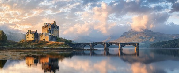 Stone castle on small island connected by arched stone bridge over calm reflective lake with mountains and dramatic cloudy sky at sunset