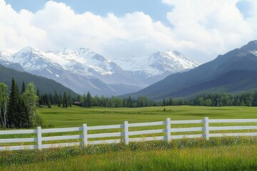 peaceful wide open green meadow with colorful wildflowers and white wooden fence under blue sky with fluffy clouds and snow capped mountains in the distance