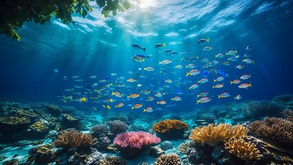 Fototapeta premium Swimming School of Fish Over Colorful Coral Reef in Ocean Sunlight