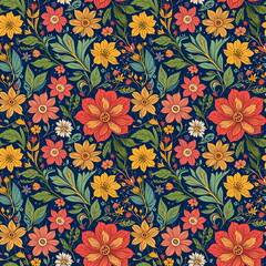 Seamless A Floral Pattern With Orange And Yellow Flowers On A Dark Blue Background Patterns