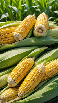 Close-up of Fresh Corn Cobs with Insects in Sunny Field &ndash; Golden Hour Light, Summer Agriculture Scene