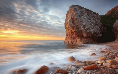 Sunset over a rocky beach with smooth water washing onto pebbles and a large cliff illuminated by warm light under a partly cloudy sky