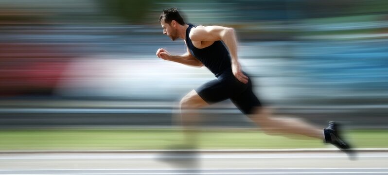 Young male runner in mid-stride, athletic build, intense focus. Profile view with motion blur, vibrant teal and green tones. Cinematic, high-contrast image capturing speed, energy