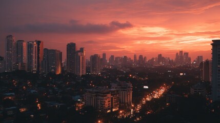 Fototapeta premium Vibrant Urban Skyline at Dusk with City Lights and Dramatic Sunset Clouds Over Skyscrapers and Buildings