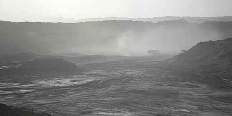 Open Pit Coal Mine Industrial Landscape Dusty Daytime View fog grey dark smog work site heavy brown