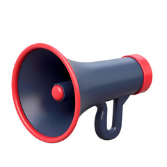 A stylized megaphone in dark blue with red trim  in a rendered isolated on transparent backgruond