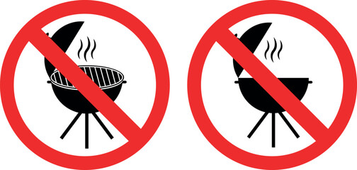no grilling signs with red prohibition circles over black barbecue grills showing cooking is not allowed	
