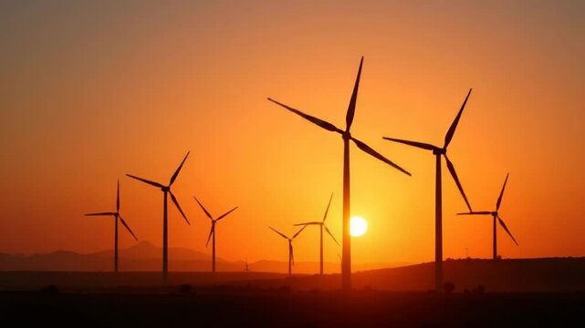 Silhouetted wind turbines in countryside landscape. Wind power plant generating clean energy. Wind farm at sunset. Concept of renewable and sustainable energy