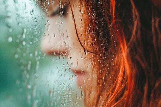 Rainstreaked window frames a redheads contemplative face