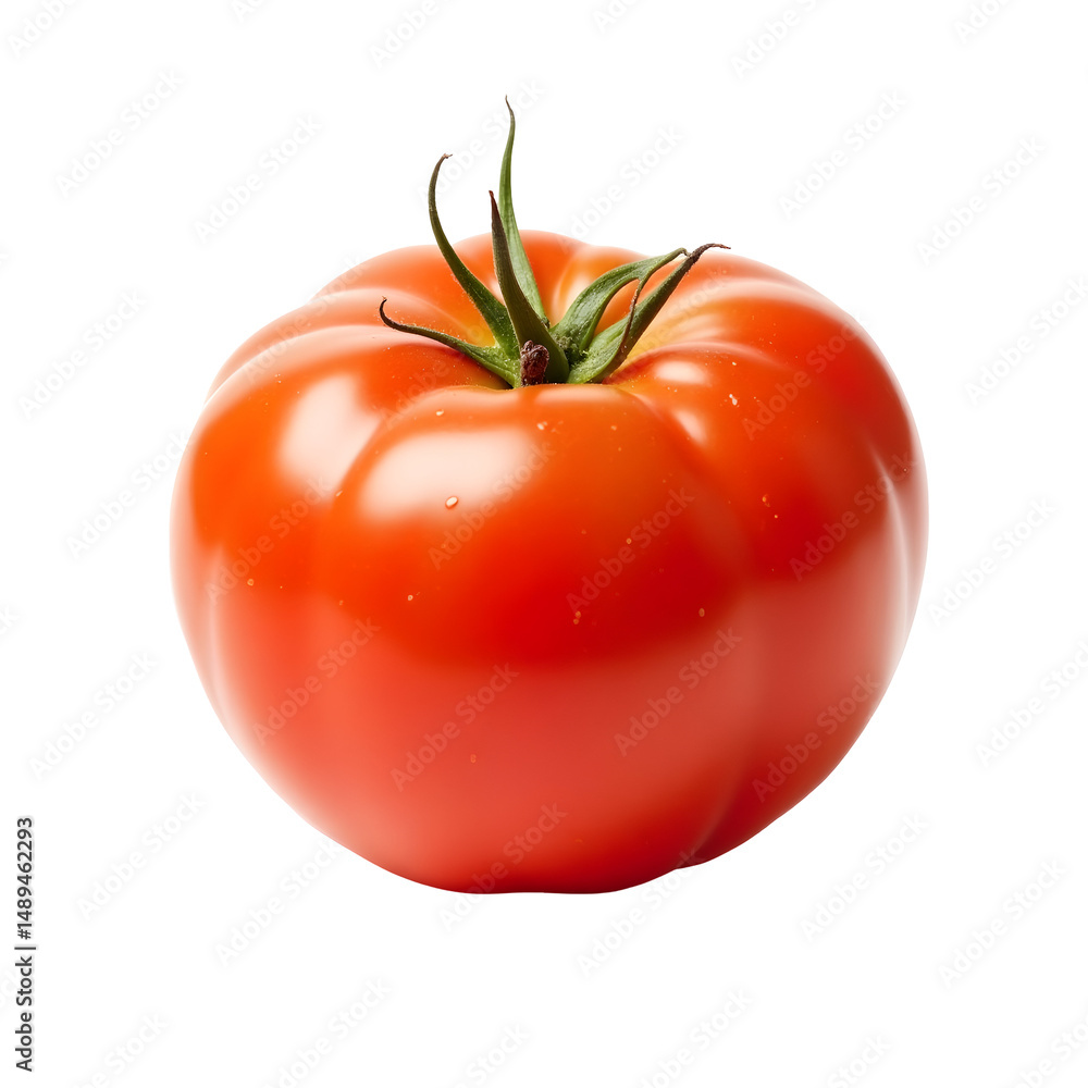 Poster photorealistic and highly detailed image displaying a vibrant red tomato, isolated on a clean and si