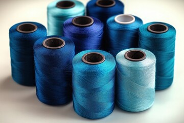 Close-up of nine spools of sewing thread in various shades of blue arranged in rows on a white background