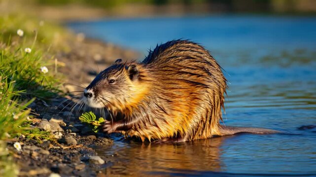 Beaver sitting on river side eating grass with thick fur and calm air

