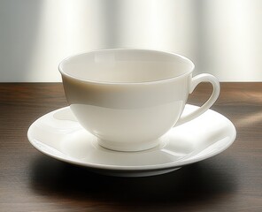 Fototapeta premium Close-up of an empty white porcelain teacup with matching saucer on wooden surface with soft lighting