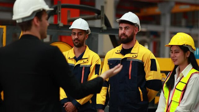 Ethnic diversity worker people, Success teamwork. Group of professional engineering people wearing hardhat safety helmet meeting. Communication Morning Brief. metal sheet profiling factory