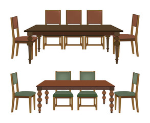 Set of classic wooden dining tables with chairs in two styles isolated on white background
