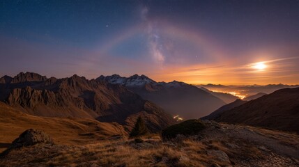 Naklejka premium Majestic Mountain Landscape Under Starry Sky with Milky Way and Moonrise at Dusk in Alpine Wilderness
