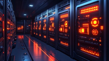 Futuristic data center corridor with glowing panels and advanced technology in use