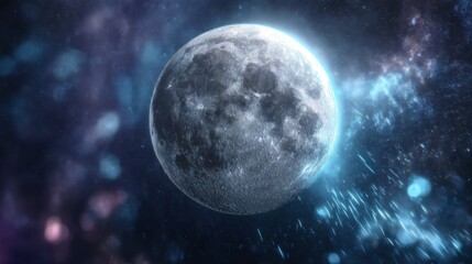Obraz premium Stunning full moon glowing in the dark cosmic space, surrounded by stars and bright particles, creating a magical celestial scene