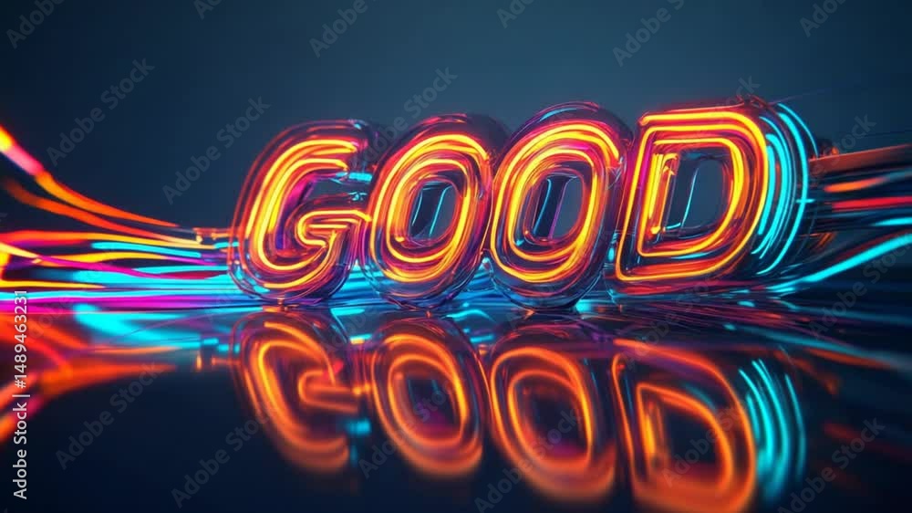 Poster neon good vibes: abstract 3d render of positive word with glowing lights and reflections