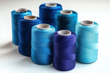 Seven spools of thread in varying shades of blue arranged on a white surface, showcasing texture and subtle color gradients