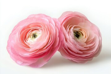 Close-up of two soft pink ranunculus flowers with delicate layered petals on a white background conveying gentle beauty and freshness