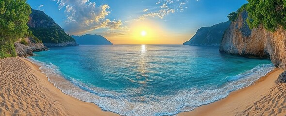 Serene sunset over calm turquoise sea with waves gently lapping golden sandy beach surrounded by lush green cliffs under partly cloudy sky