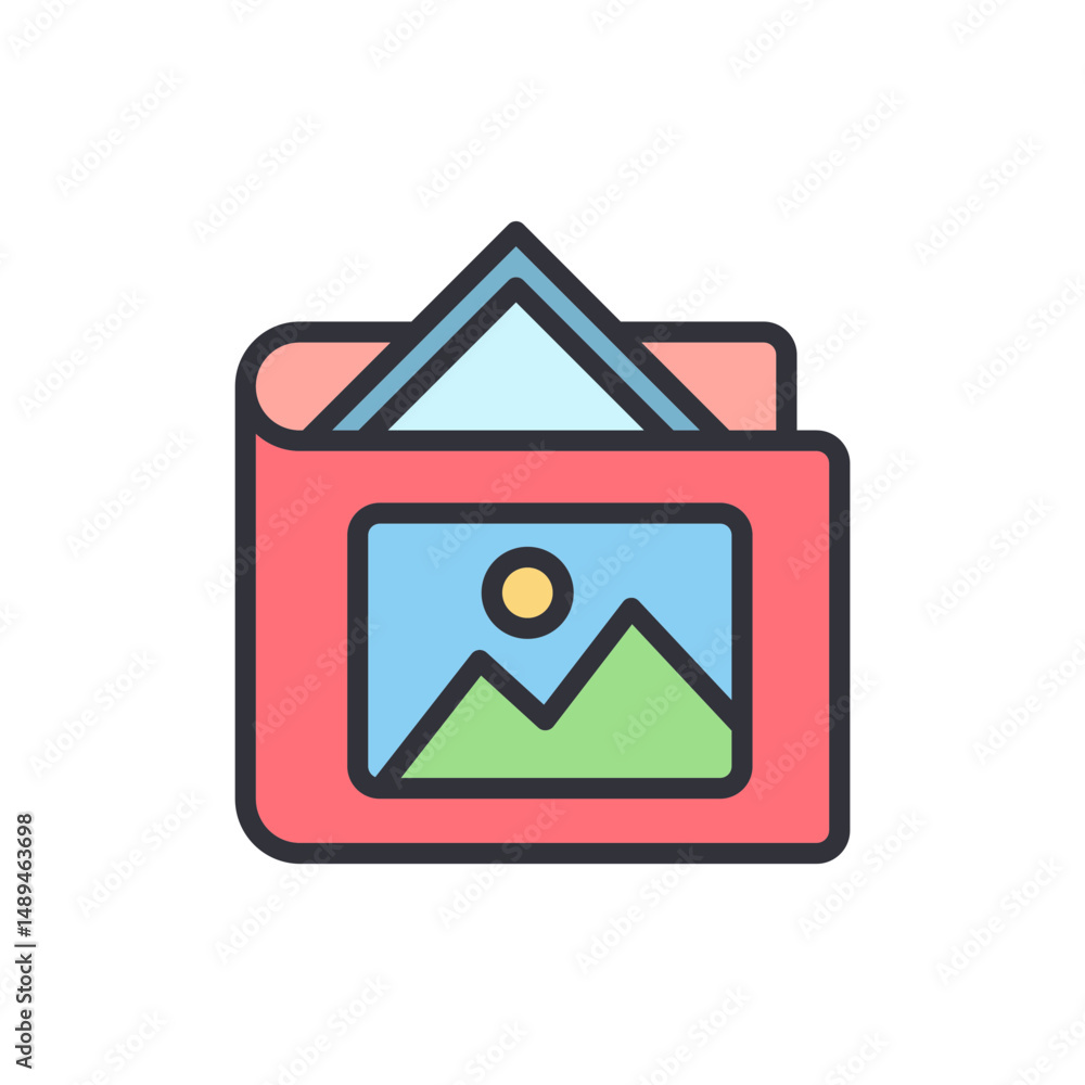 Poster colorful folder containing pictures and documents on transparent display