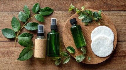 Natural skin care products displayed on a wooden surface