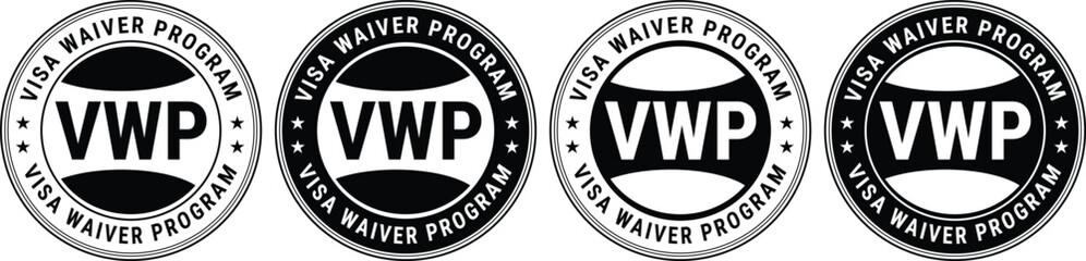 Set of four VWP visa waiver program labels in monochrome design for documentation and travel use	