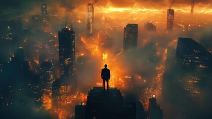 A solitary figure surveys a fiery, futuristic metropolis.