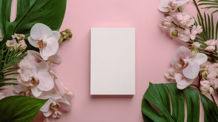 Blank white card surrounded by pink orchids and tropical leaves on a pink background
