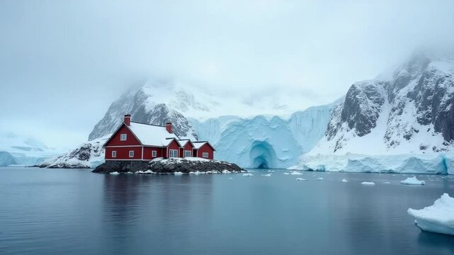 antarctic base set in a natural harbor in front of the Antarctic Peninsula