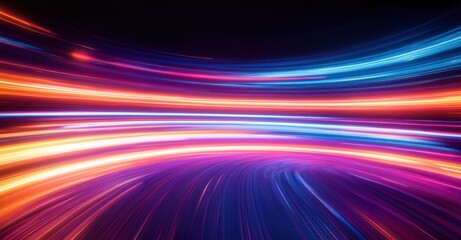Vivid dynamic light trails in curved motion creating an energetic futuristic atmosphere with bright hues of orange, pink, purple, and blue on a dark background