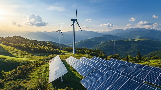 Renewable Energy Landscape Wind Turbines and Solar Panels on a Hillside with Mountain View