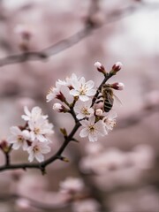 A bee collects nectar from cherry blossom flowers.