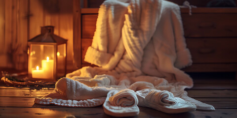 Cozy White Robe and Slippers on Wooden Floor with Soft Candlelight

