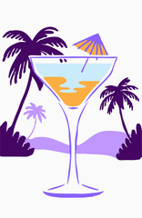 Tropical Cocktail Drink Illustration, Palm Trees, Summer Vacation