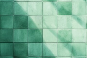 Close-up view of green square ceramic wall tiles with diagonal light shadows creating a pattern