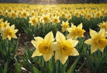 Close-up of glistening daffodil petals, sunny yellow blooms in a field ,  petals,  vibrant