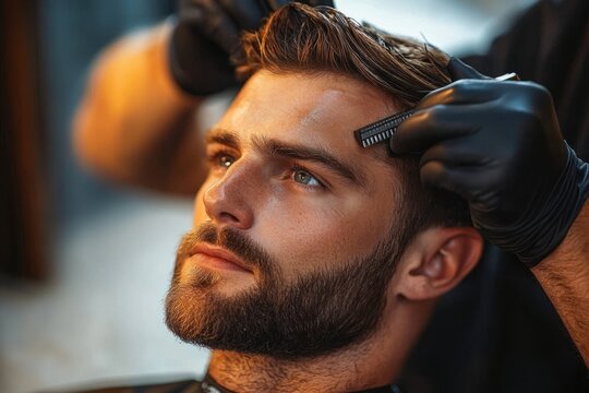 Bearded man with blue eyes receiving a precise haircut with a comb by hairdresser wearing black gloves in a well-lit salon