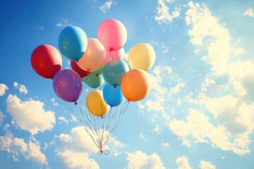 Fototapeta premium Colorful bunch of balloons floating against a bright blue sky with fluffy white clouds conveying a joyful and lighthearted mood