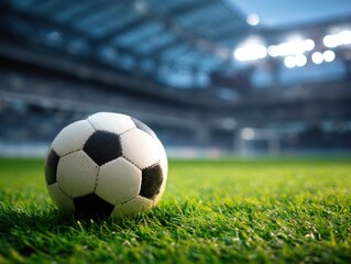 Soccer ball on a green field in a stadium embodies sportsmanship, athleticism, and competitive play