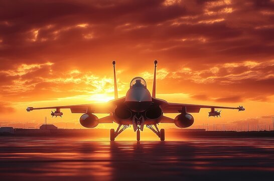Military jet fighter aircraft parked on runway with dramatic glowing orange sunset sky in background