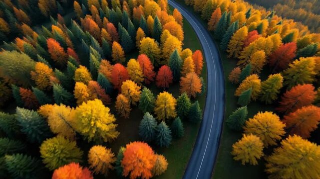 Aerial view of curvy road in beautiful autumn forest